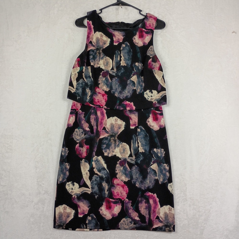 Ivanka Trump Floral Sheath Dress Womens 10 Black Pink Layered Bodice Garden